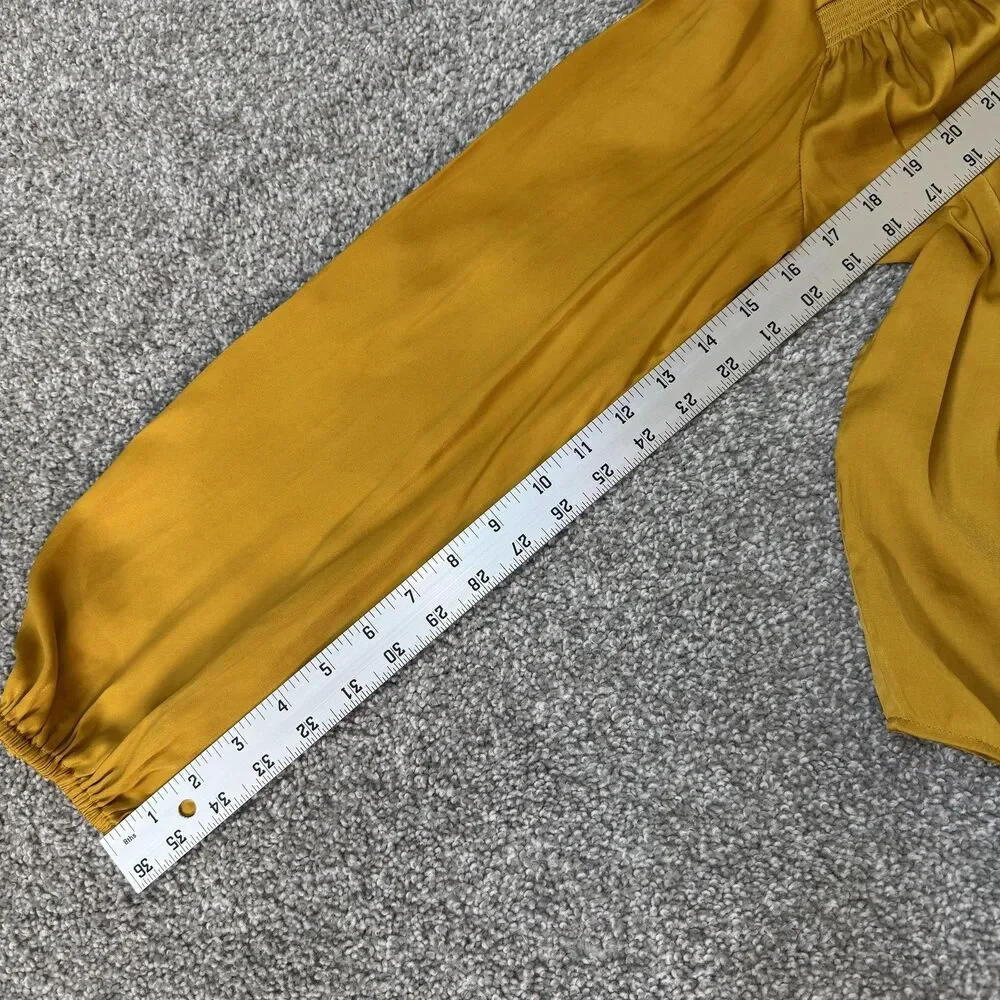 Banana Republic Blouse Womens XS Yellow Satin V Neck Long Sleeve Shirred Top